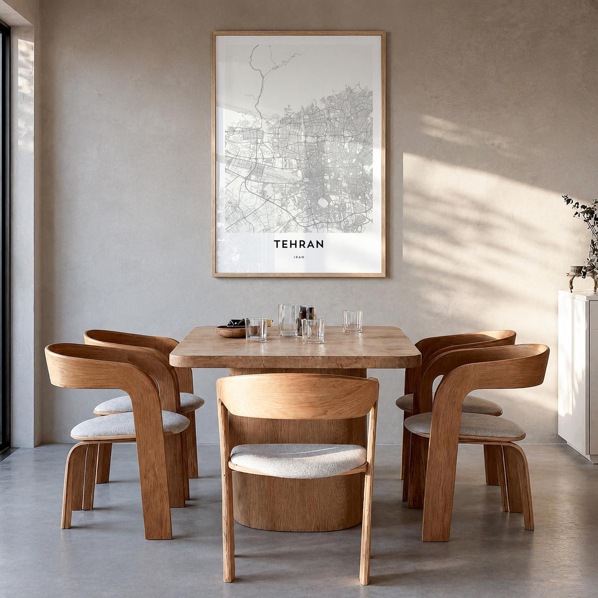 Tehran black & white map poster of Iran – vertical wall art in natural wood frame, hanging on wall