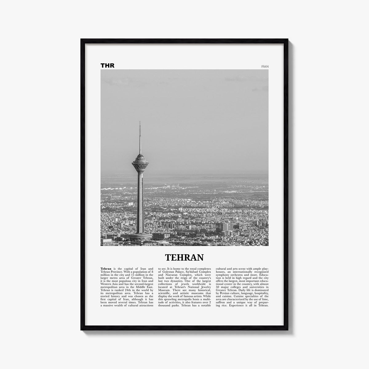 Tehran black & white newspaper poster of Iran – vertical wall art, unframed print shown in interior mockup