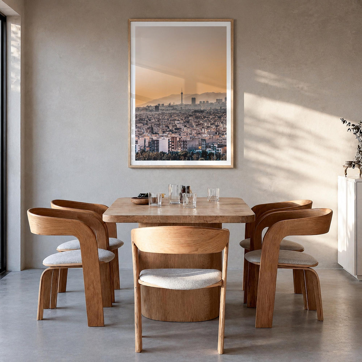 Tehran colorful photo poster of Iran – vertical wall art in natural wood frame with white border, hanging on wall