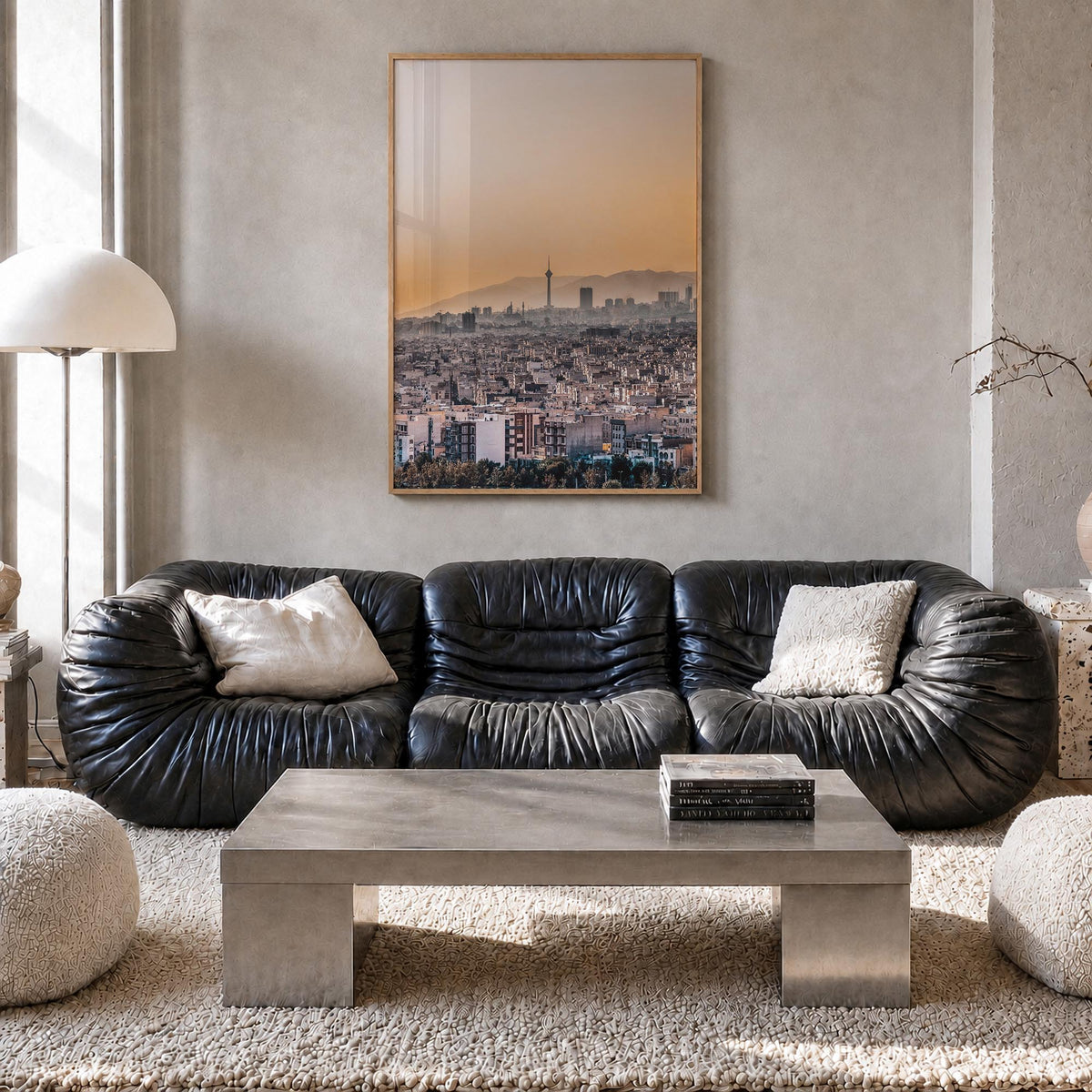 Tehran colorful photo poster of Iran – vertical wall art in natural wood frame, hanging on wall