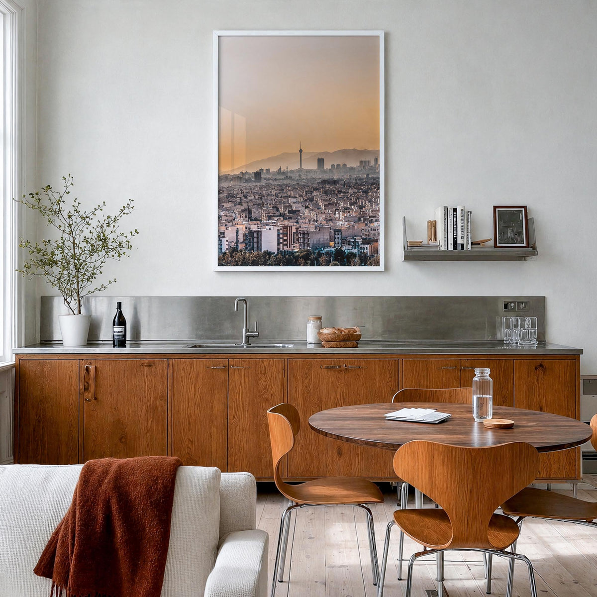 Tehran colorful photo poster of Iran – vertical wall art in white wood frame, hanging on wall