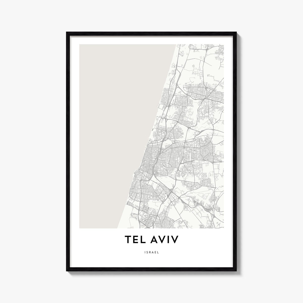 Tel Aviv black & white map poster of Israel – vertical wall art, unframed print shown in interior mockup