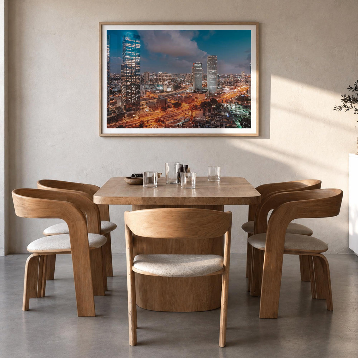 Tel Aviv colorful photo poster of Israel – horizontal wall art in natural wood frame with white border, hanging on wall