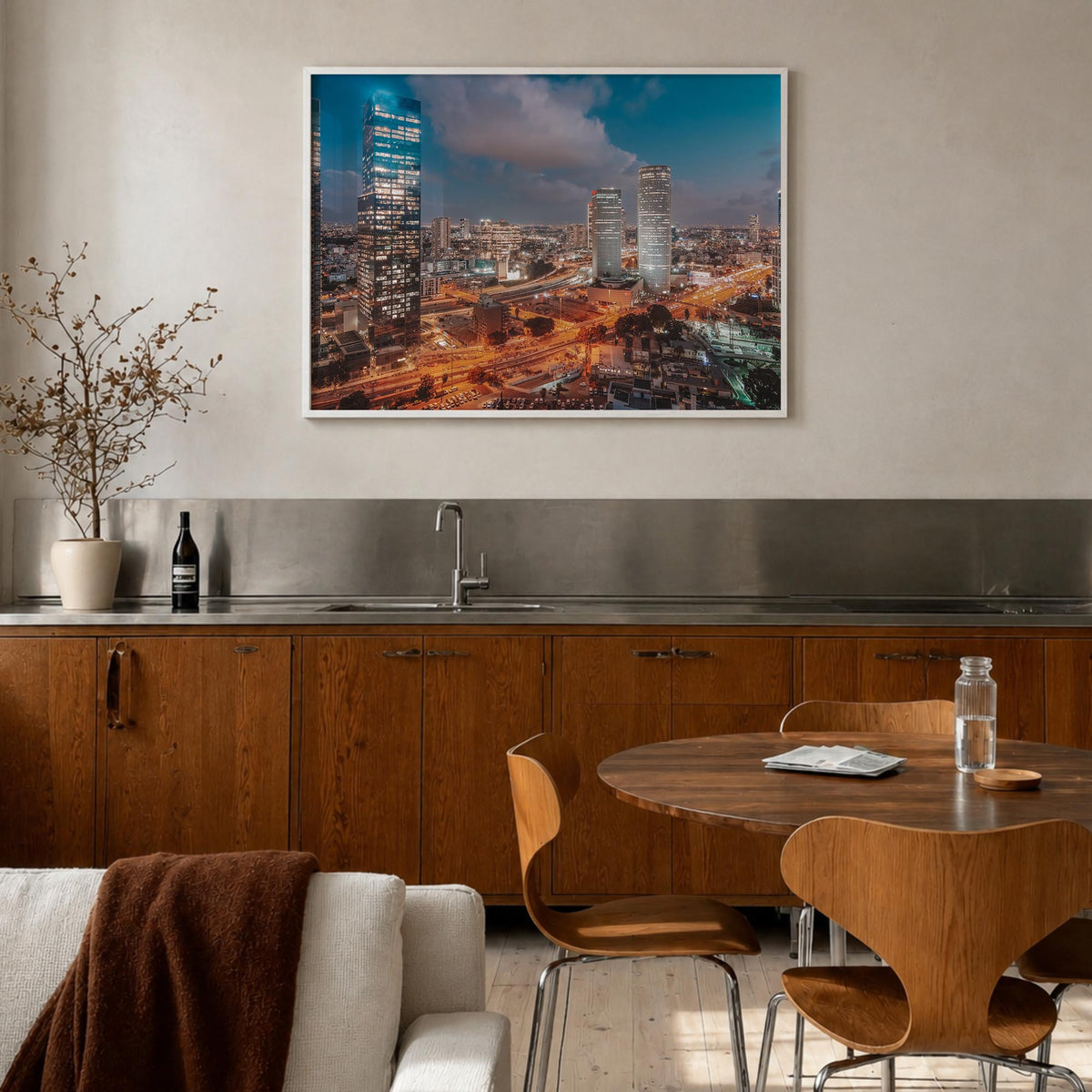 Tel Aviv colorful photo poster of Israel – horizontal wall art in white wood frame, hanging on wall