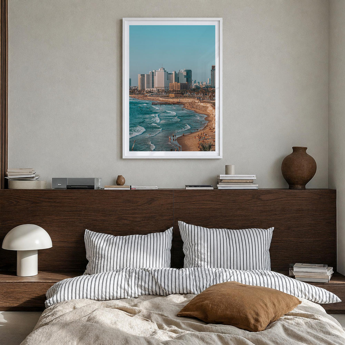 Tel Aviv no. 1 colorful photo poster of Israel – vertical wall art in white wood frame with white border, hanging on wall