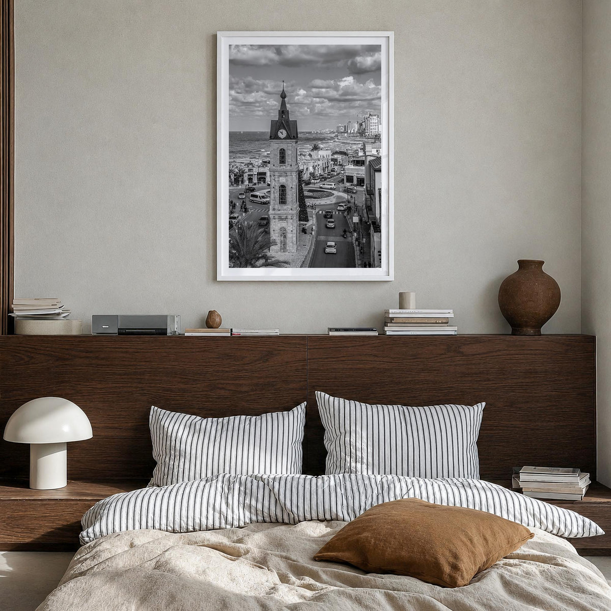Tel Aviv no. 2 black & white photo poster of Israel – vertical wall art in white wood frame with white border, hanging on wal