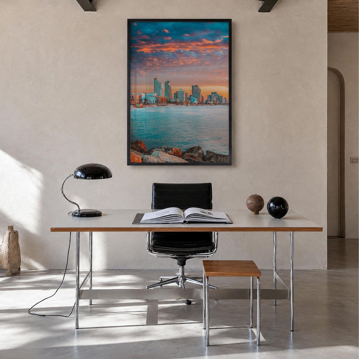 Tel Aviv no. 2 colorful photo poster of Israel – vertical wall art in black wood frame, hanging on wall