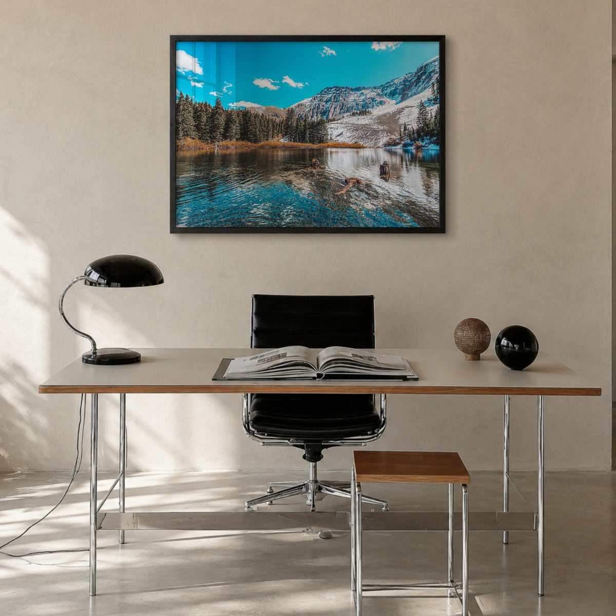 Telluride colorful photo poster of Colorado, USA – horizontal wall art in black wood frame, hanging on wall