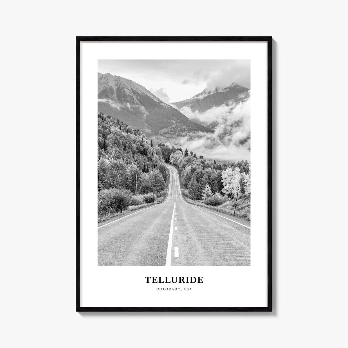 Telluride no. 1 black & white classic poster of Colorado, USA – vertical wall art, unframed print shown in interior mockup