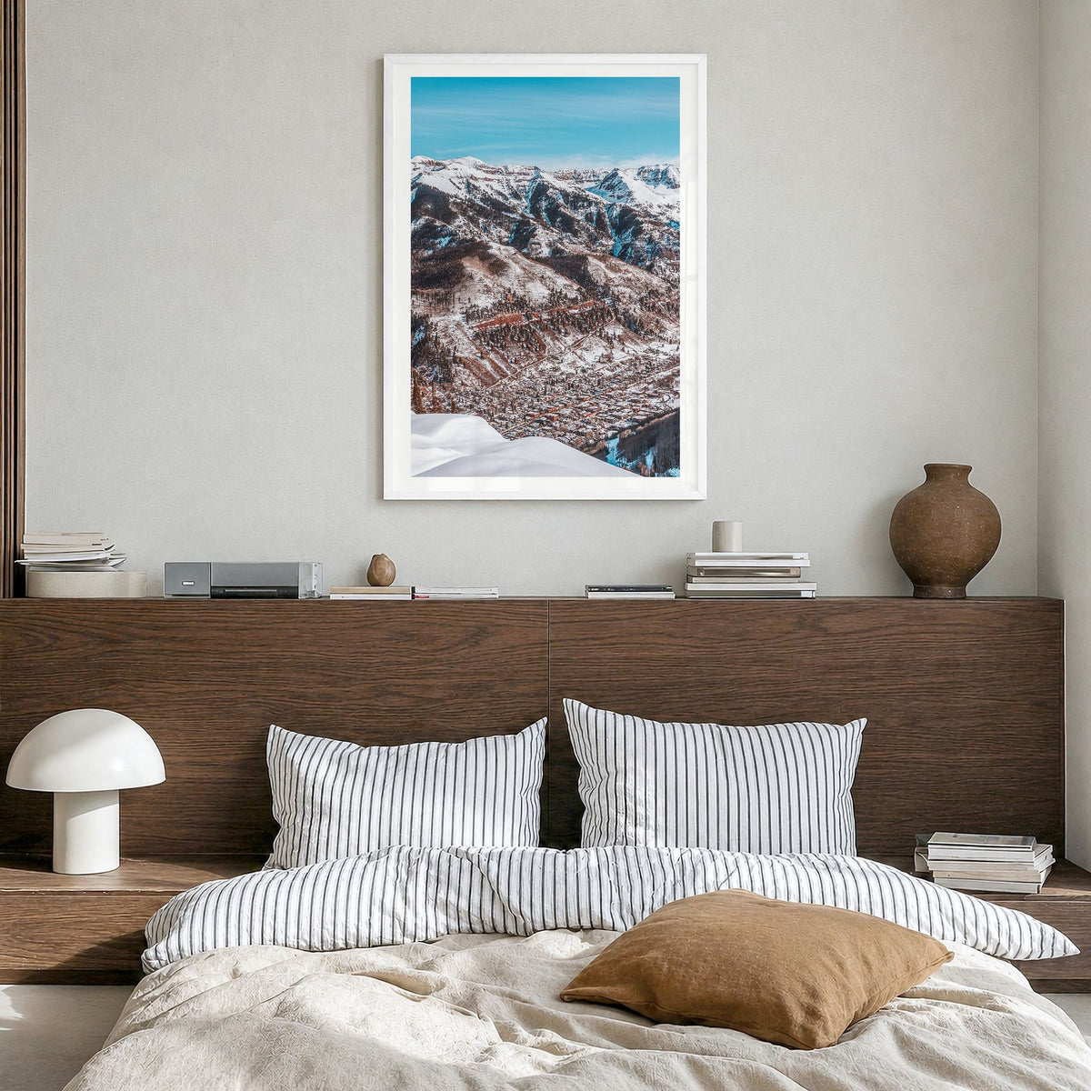Telluride Photo No 1 Poster in a white wood frame, hanging in a bedroom, white border