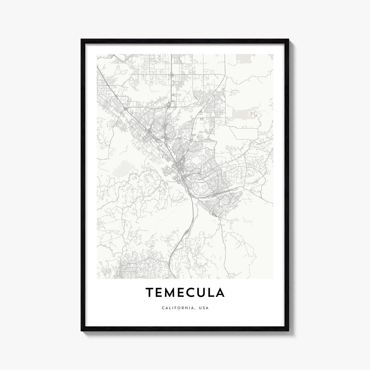 Temecula black & white map poster of California, USA – vertical wall art, unframed print shown in interior mockup