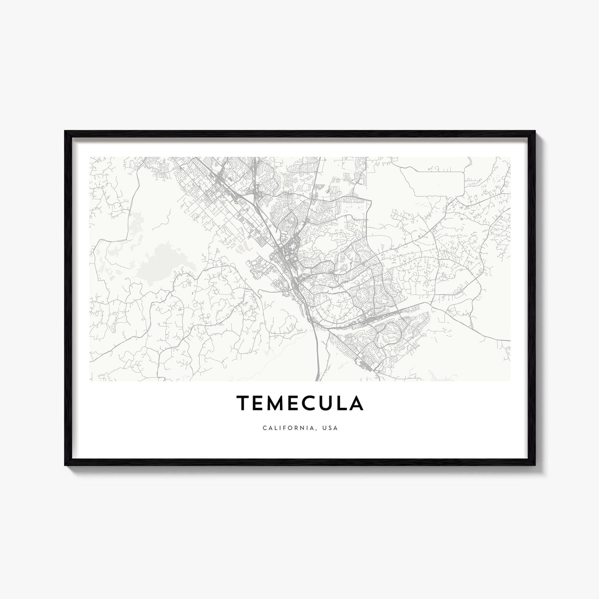 Temecula black & white map poster of California, USA – horizontal wall art, unframed print shown in interior mockup