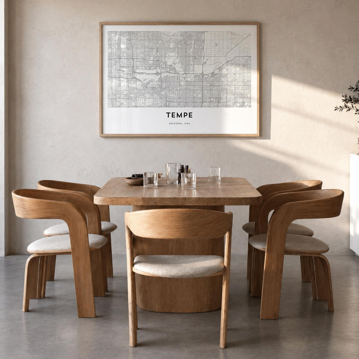 Tempe black & white map poster of Arizona, USA – horizontal wall art in natural wood frame, hanging on wall
