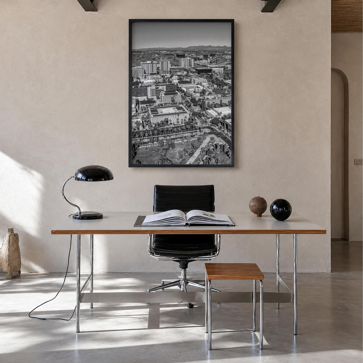 Tempe black & white photo poster of Arizona, USA – vertical wall art in black wood frame, hanging on wall