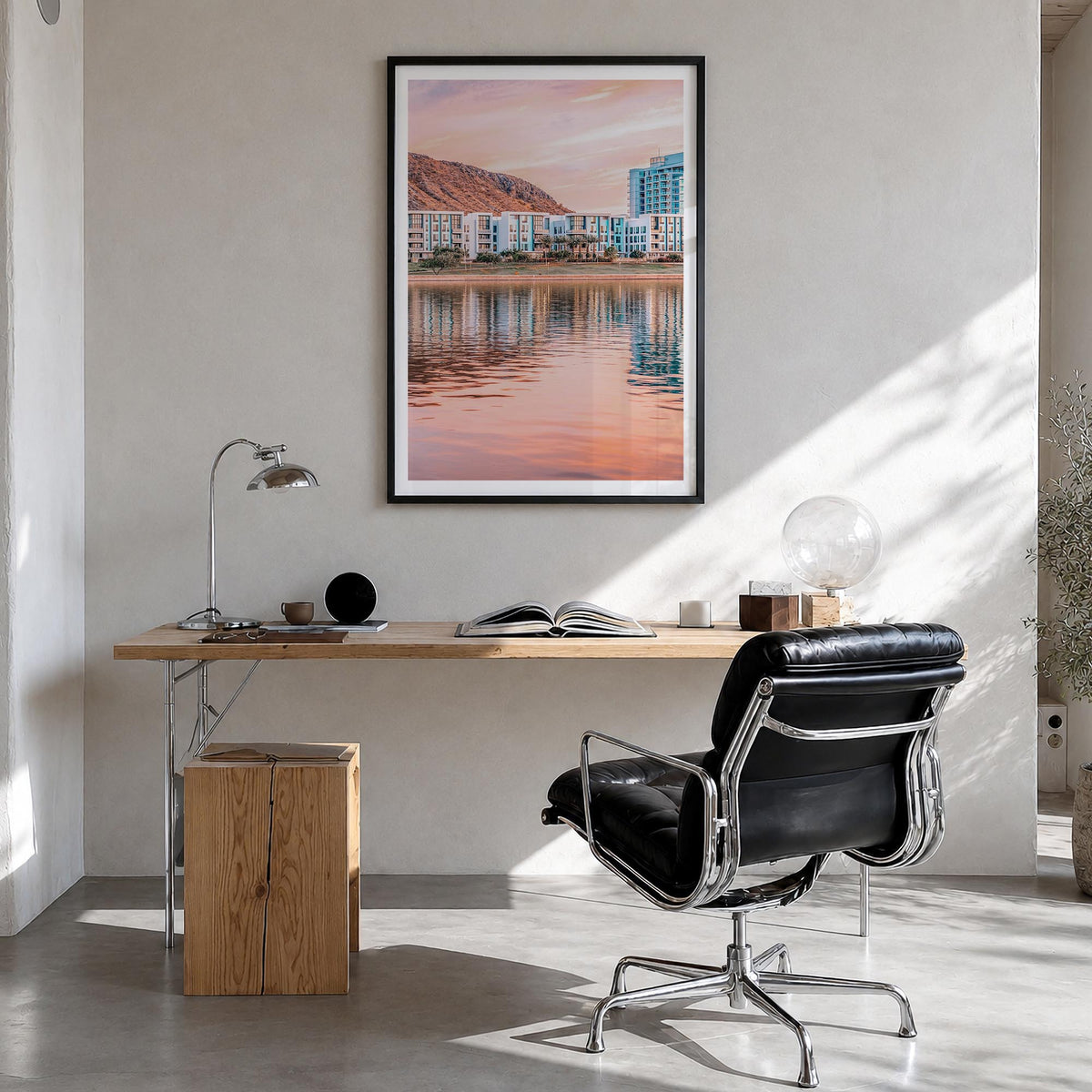 Tempe colorful photo poster of Arizona, USA – vertical wall art in black wood frame with white border, hanging on wall