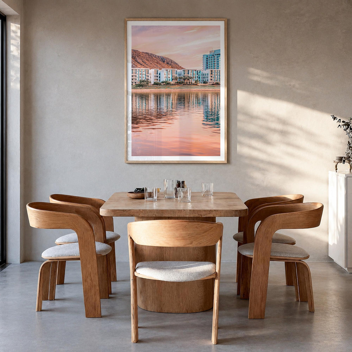 Tempe colorful photo poster of Arizona, USA – vertical wall art in natural wood frame with white border, hanging on wall