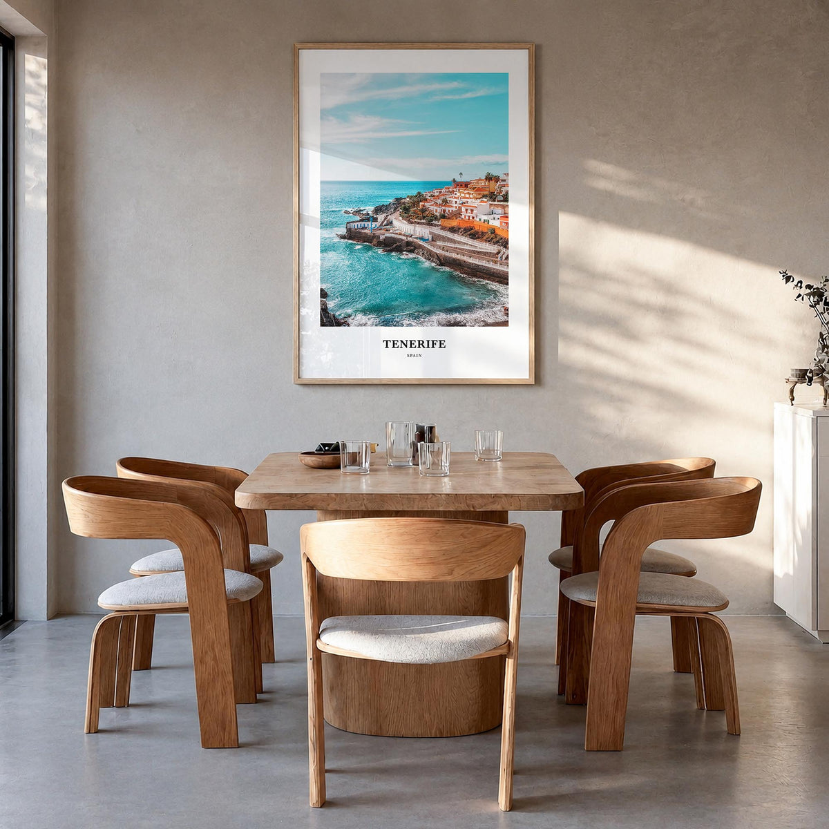 Tenerife colorful classic poster of Spain – vertical wall art in natural wood frame, hanging on wall