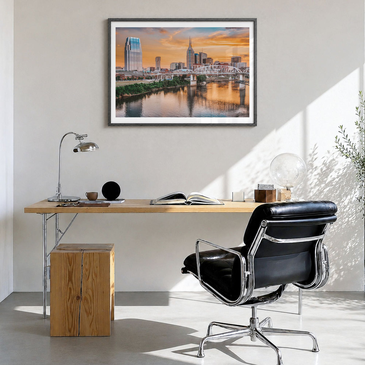 Tennessee Photo Poster in a black wood frame, hanging in a bright home office, white border