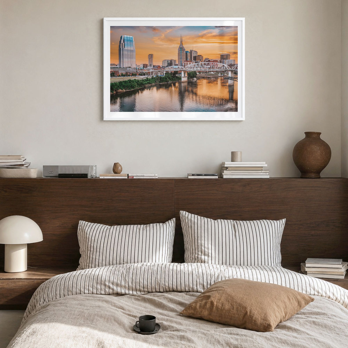 Tennessee Photo Poster in a white wood frame, hanging in a bedroom, white border