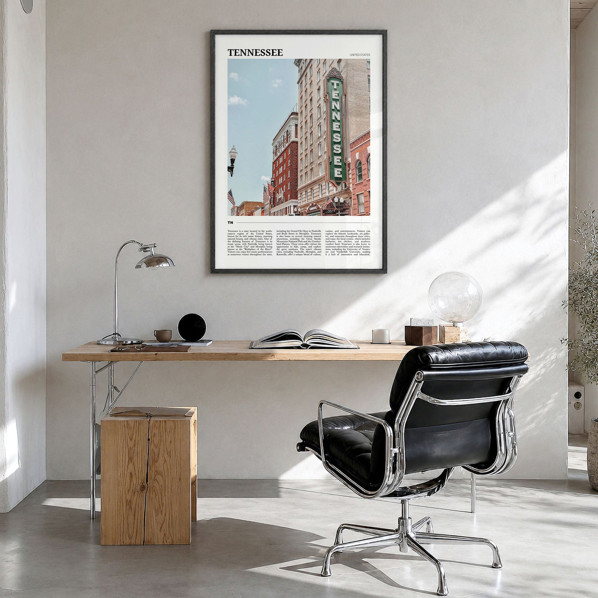 Tennessee Travel No 1 Poster in a black wood frame, hanging in a bright home office