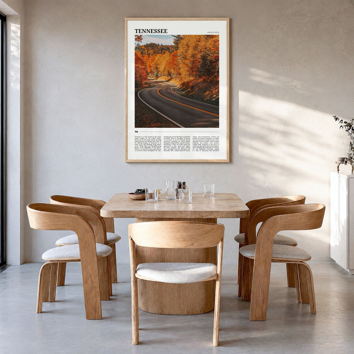 Tennessee Travel No 2 Poster in a natural wood frame, hanging in a dining room