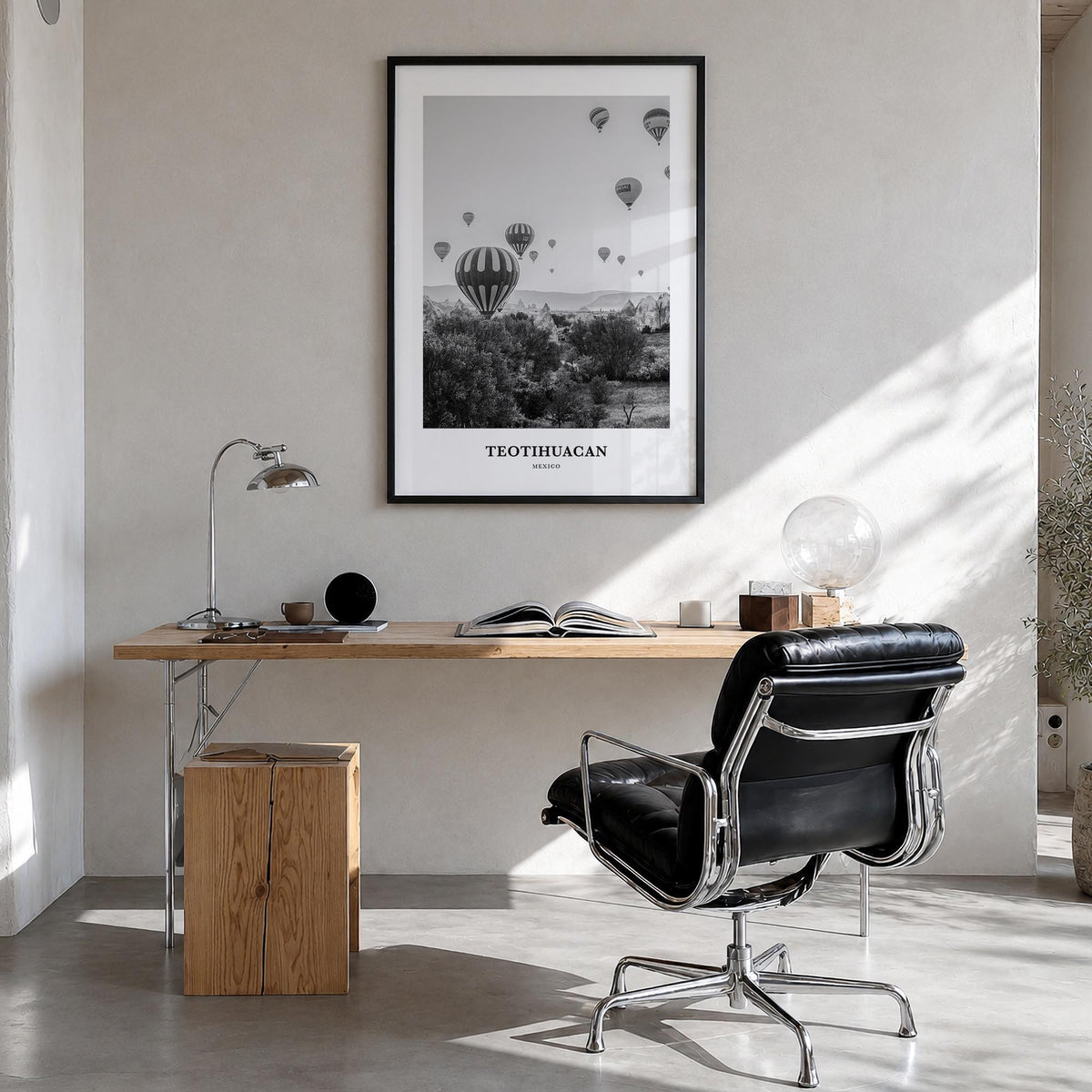 Teotihuacán black & white classic poster of Mexico – vertical wall art in black wood frame, hanging on wall
