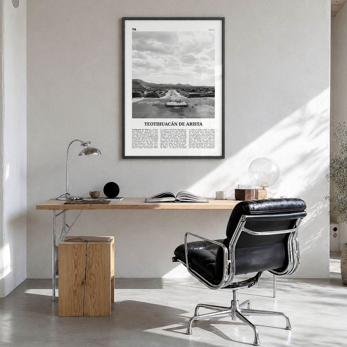 Teotihuacán de Arista Newspaper Poster in a black wood frame, hanging in a bright home office