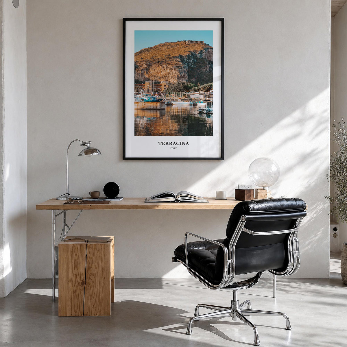 Terracina colorful classic poster of Italy – vertical wall art in black wood frame, hanging on wall