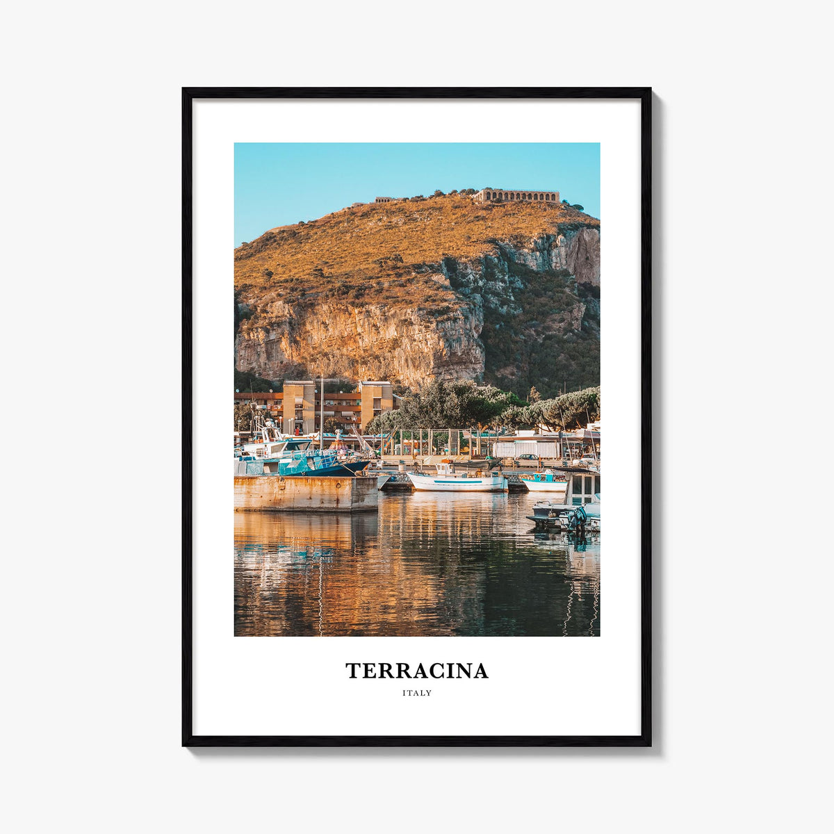 Terracina colorful classic poster of Italy – vertical wall art, unframed print shown in interior mockup