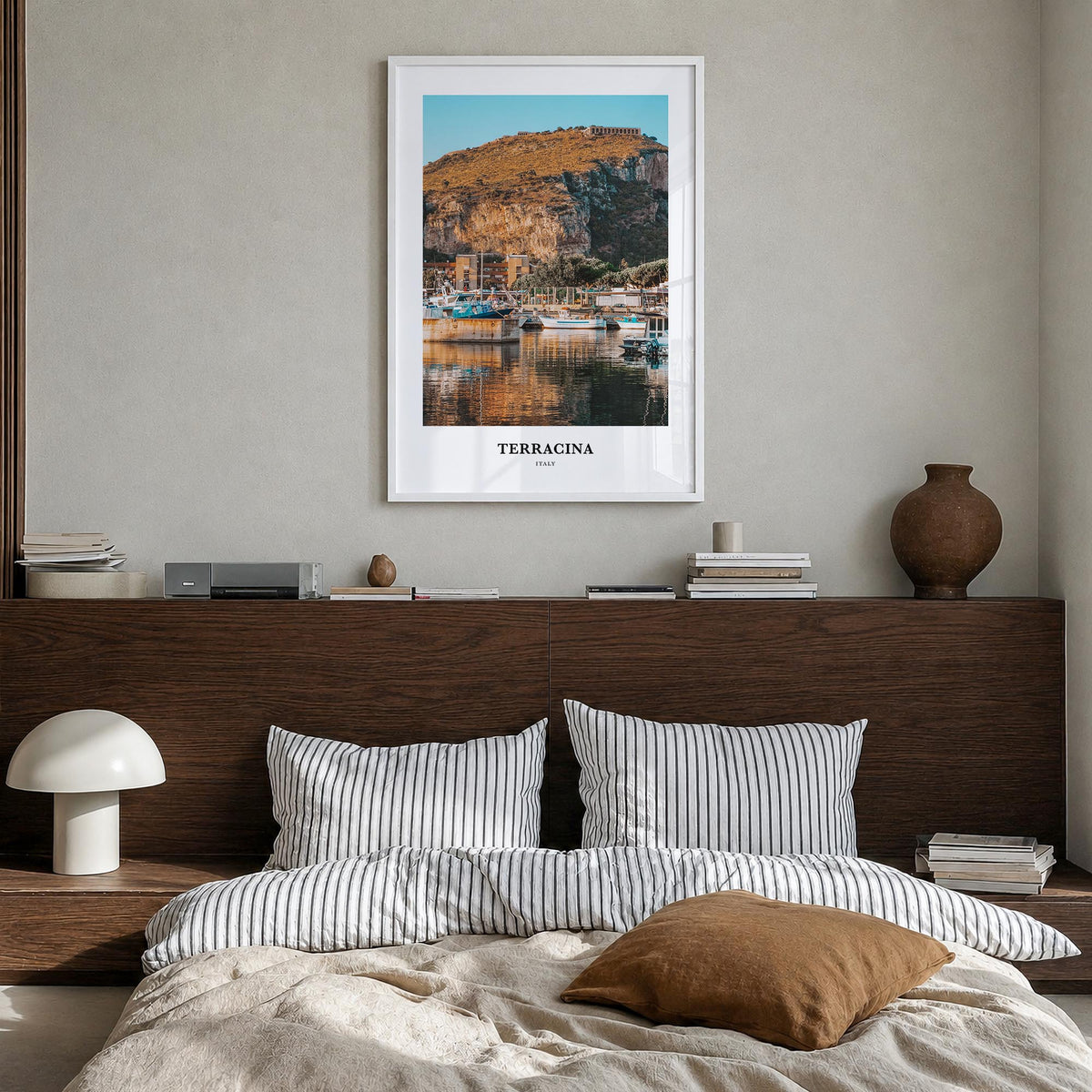 Terracina colorful classic poster of Italy – vertical wall art in white wood frame, hanging on wall