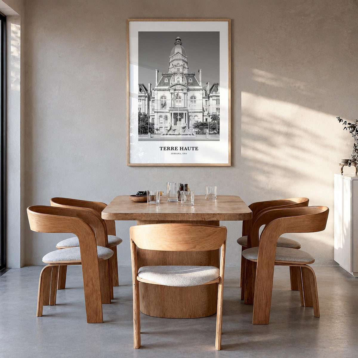 Terre Haute black & white classic poster of Indiana, USA – vertical wall art in natural wood frame, hanging on wall