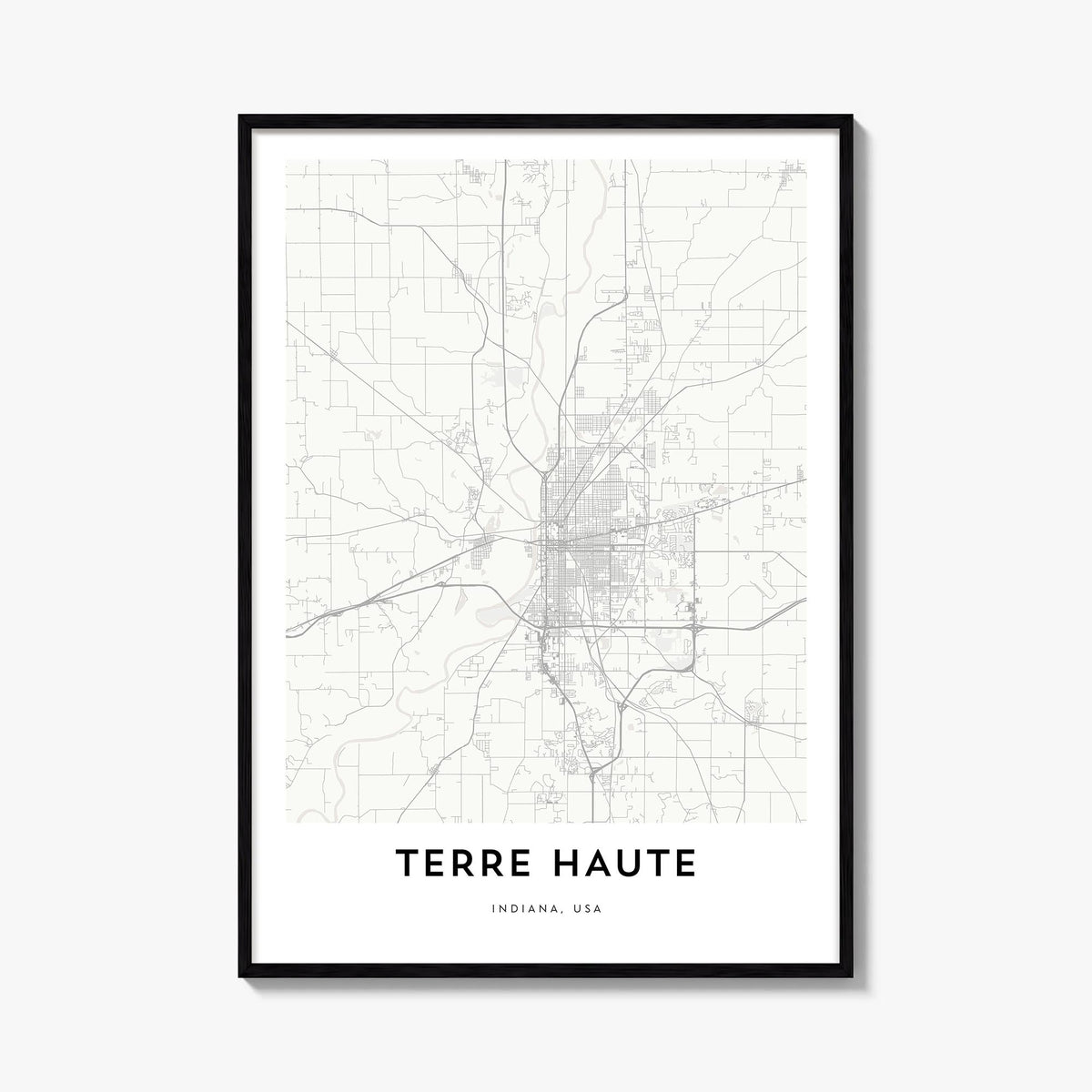 Terre Haute black & white map poster of Indiana, USA – vertical wall art, unframed print shown in interior mockup