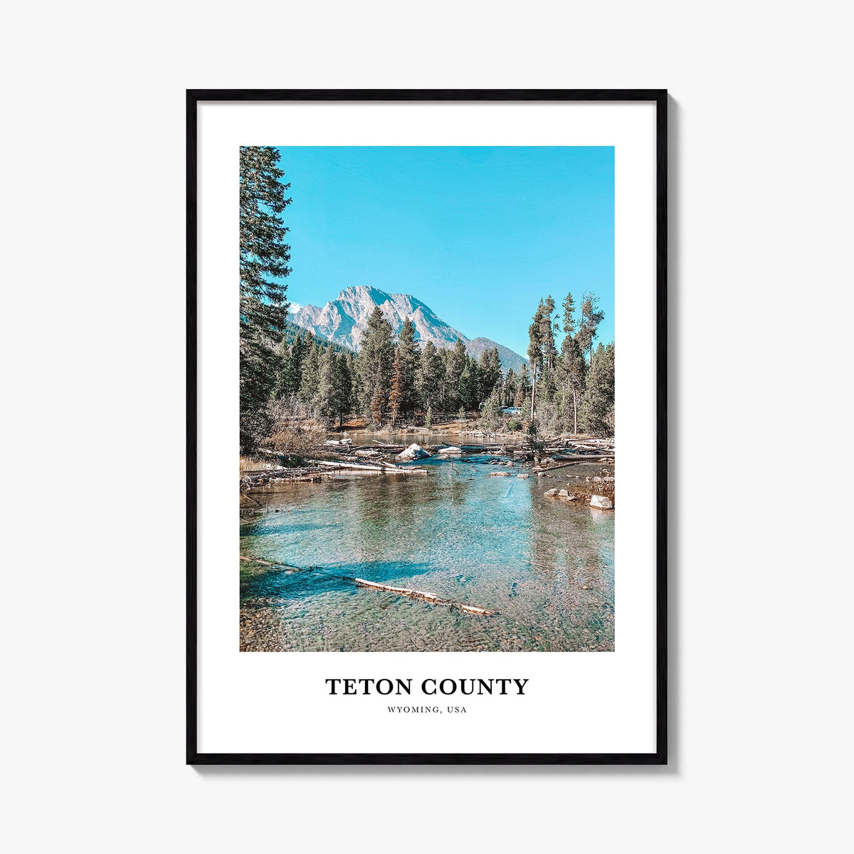 Teton County colorful classic poster of Wyoming, USA – vertical wall art, unframed print shown in interior mockup