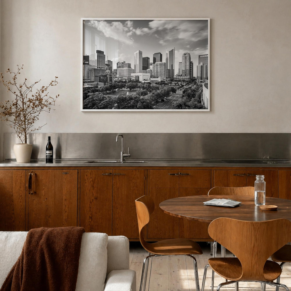 Texas black & white photo poster of United States – horizontal wall art in white wood frame, hanging on wall
