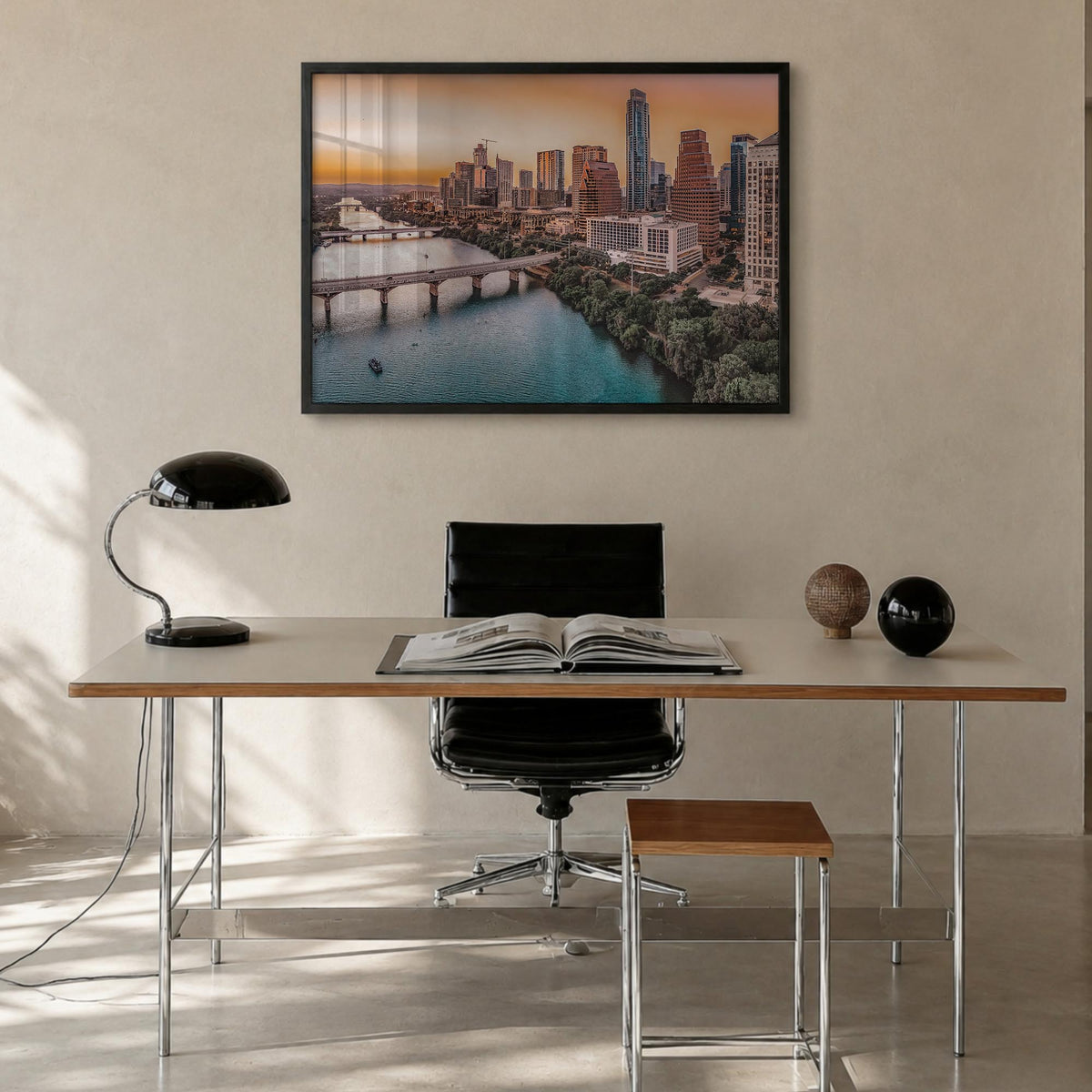 Texas colorful photo poster of United States – horizontal wall art in black wood frame, hanging on wall