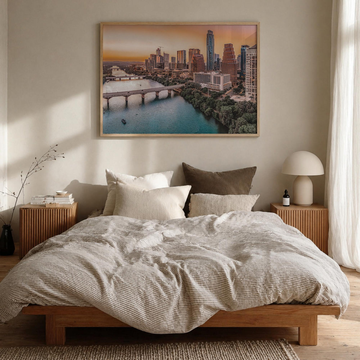 Texas colorful photo poster of United States – horizontal wall art in natural wood frame, hanging on wall