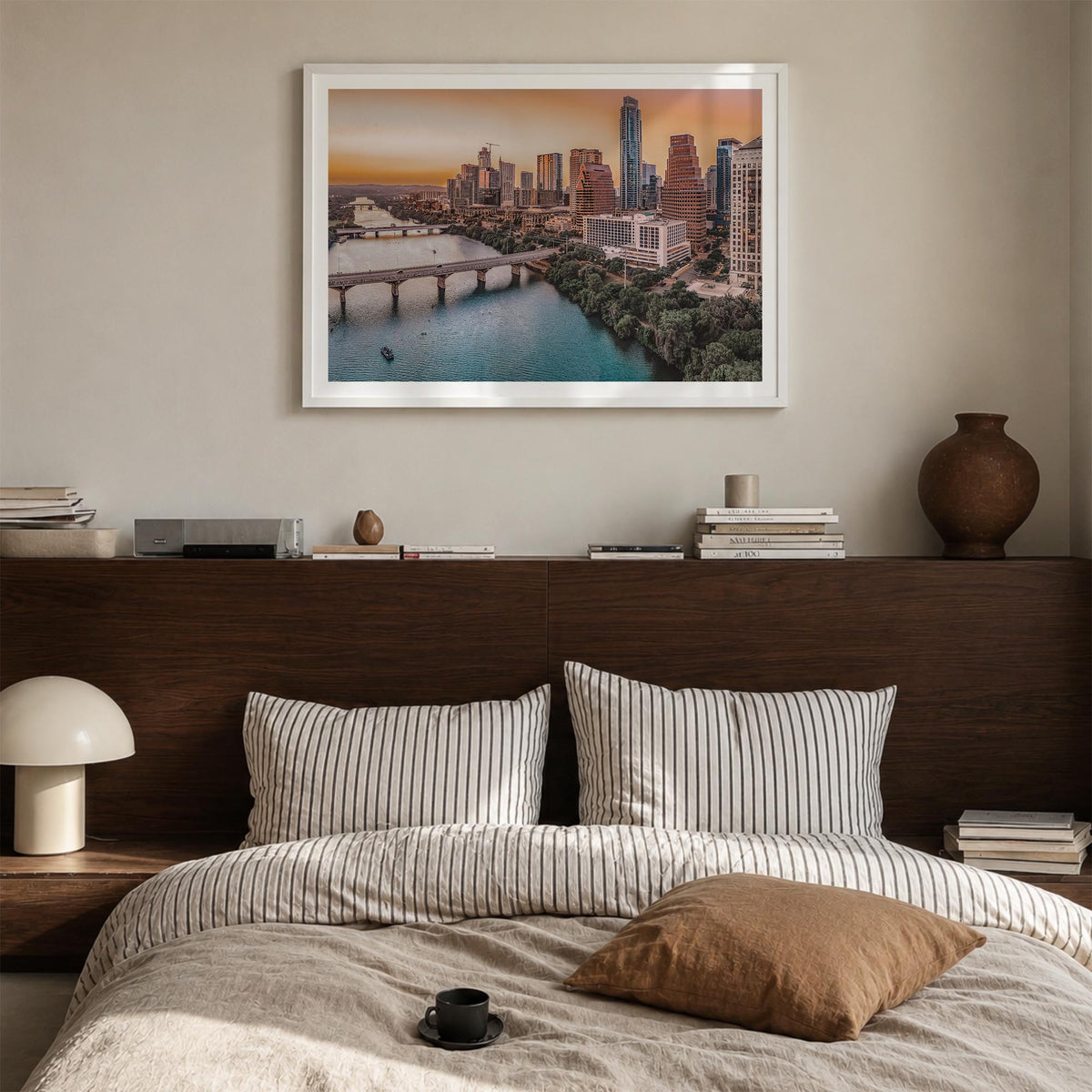 Texas colorful photo poster of United States – horizontal wall art in white wood frame with white border, hanging on wall