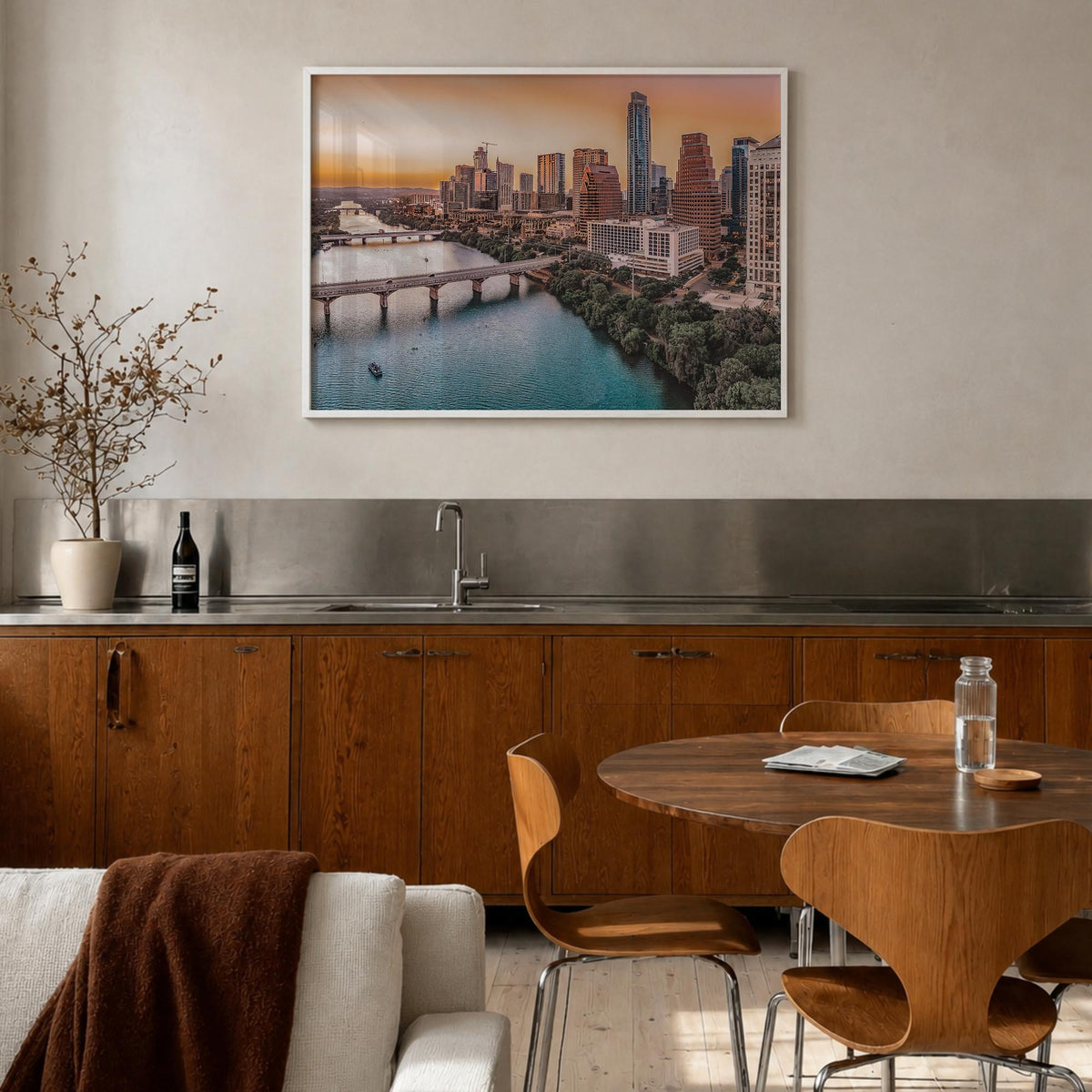 Texas colorful photo poster of United States – horizontal wall art in white wood frame, hanging on wall