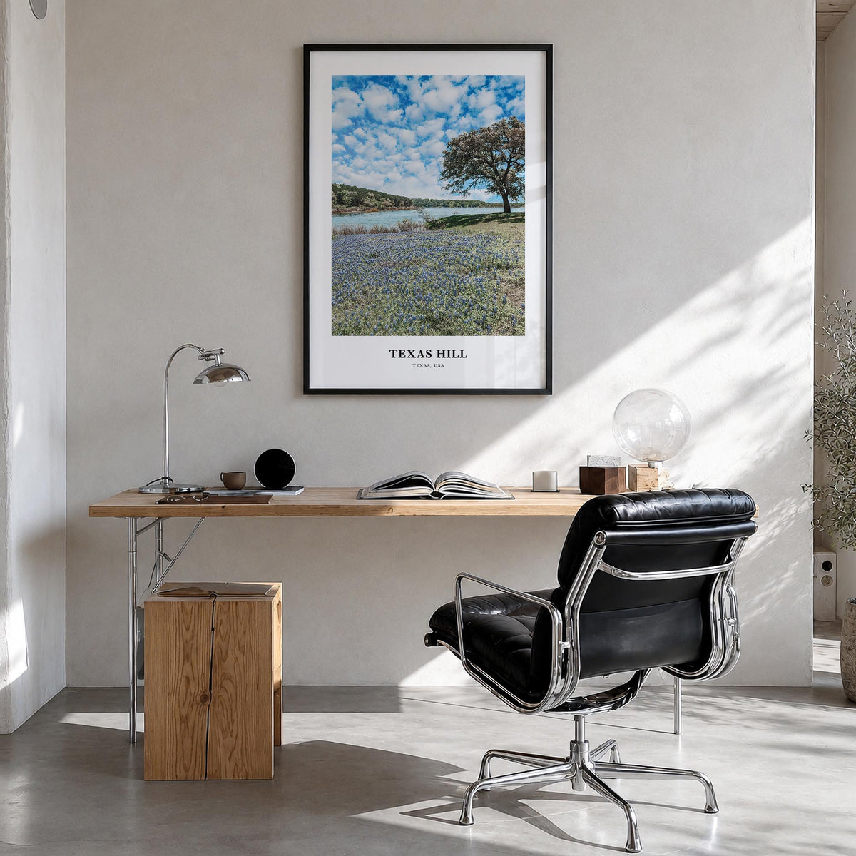 Texas Hill Country colorful classic poster of Texas, USA – vertical wall art in black wood frame, hanging on wall