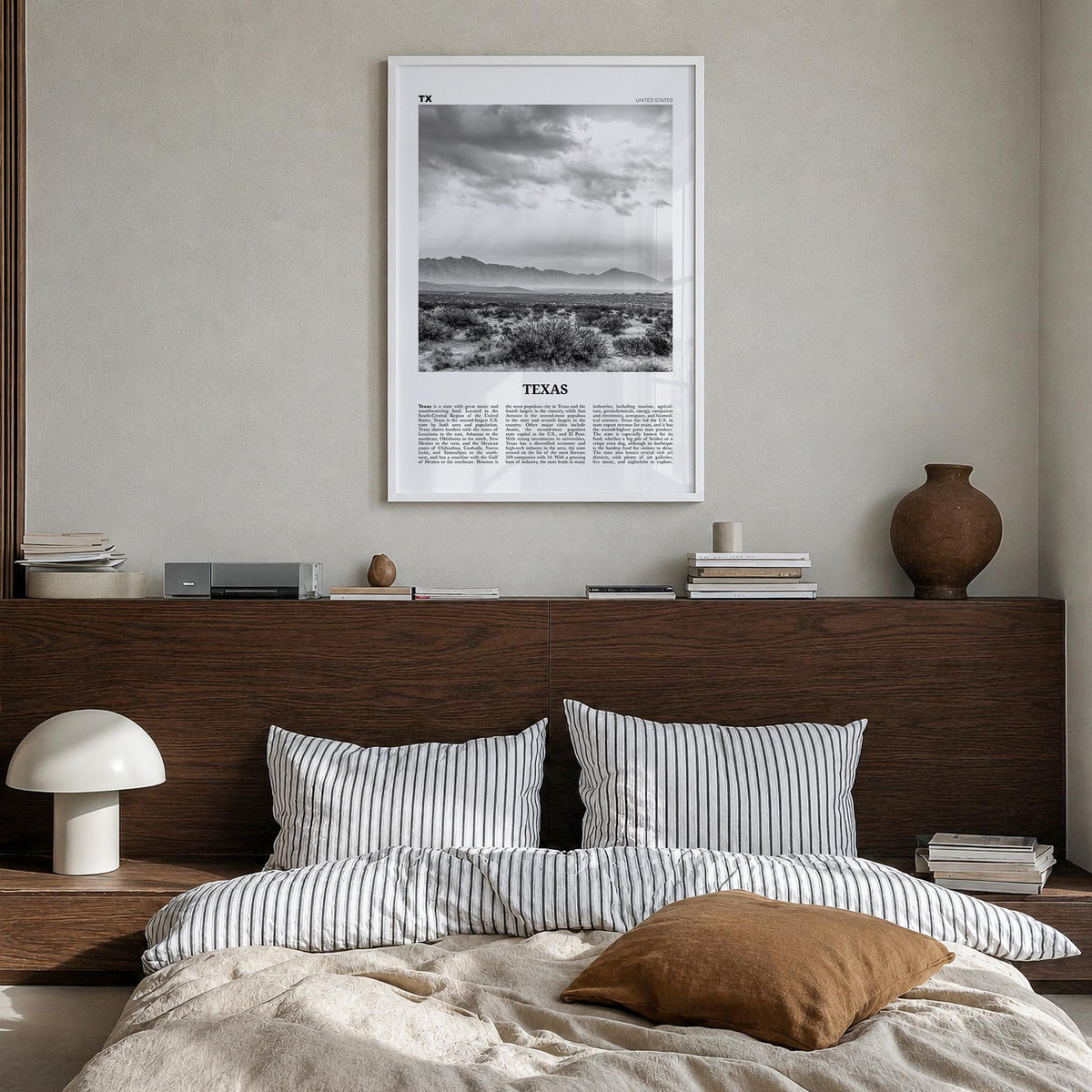Texas no. 4 black & white newspaper poster of United States – vertical wall art in white wood frame, hanging on wall