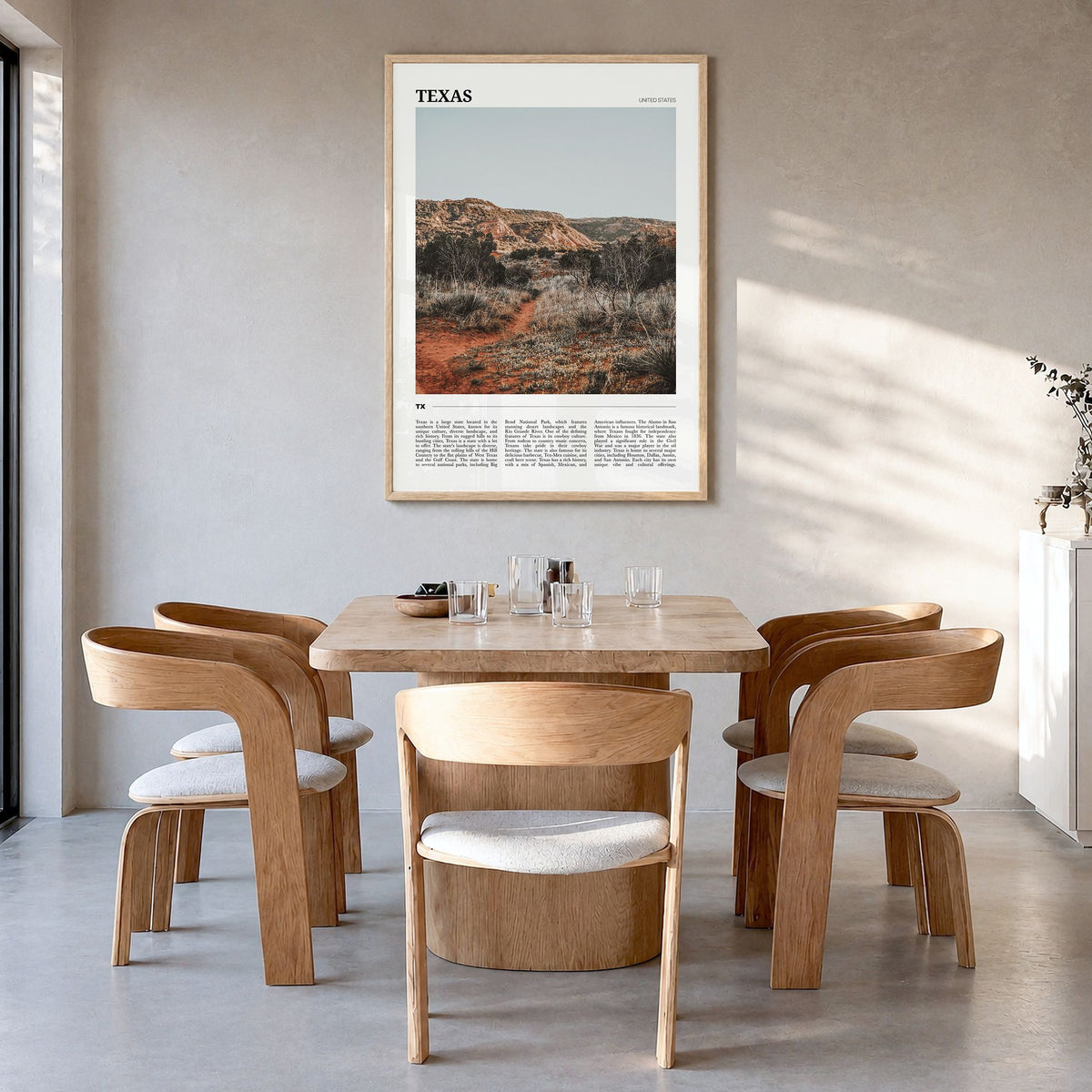 Texas Travel No 1 Poster in a natural wood frame, hanging in a dining room