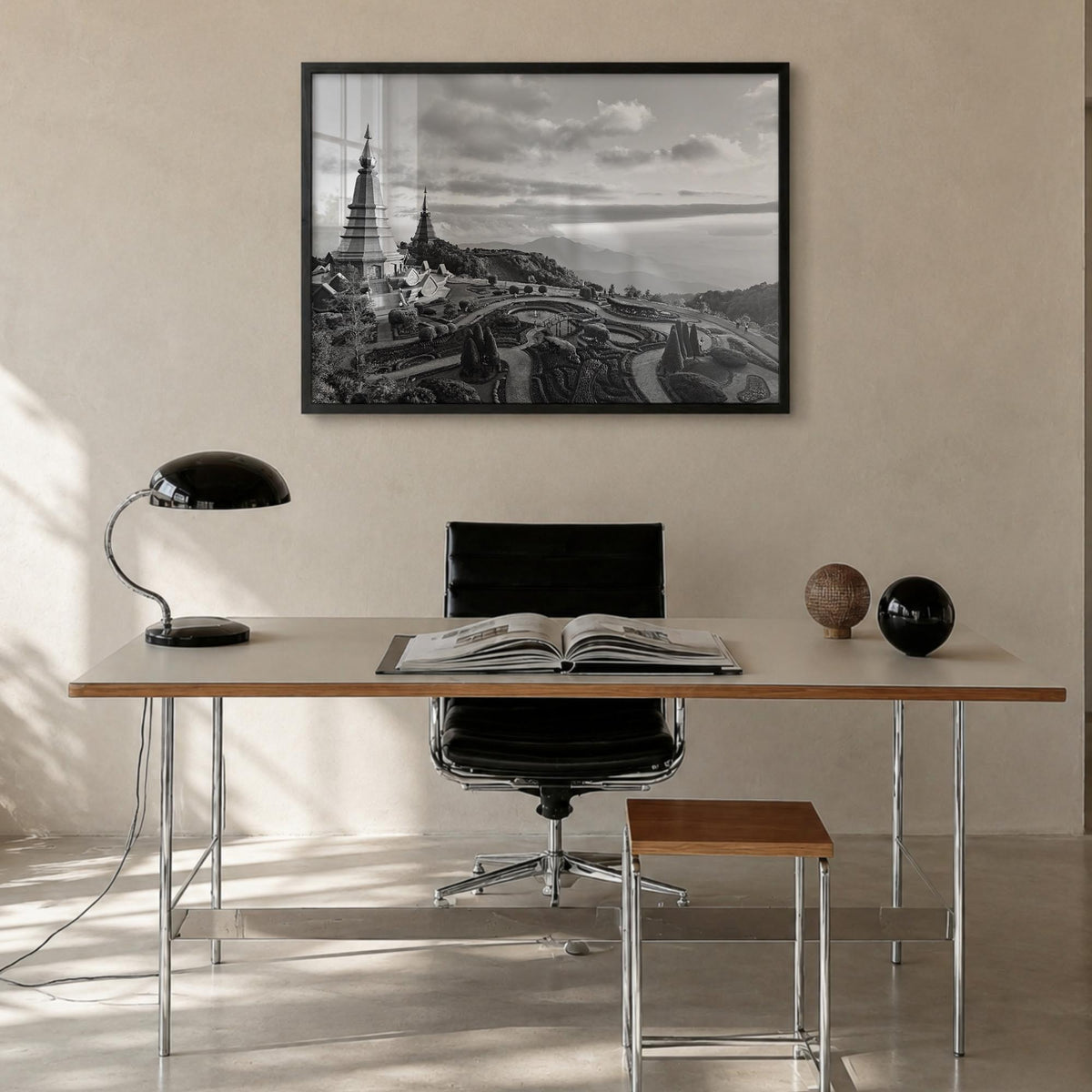 Thailand black & white photo poster of Asia – horizontal wall art in black wood frame, hanging on wall