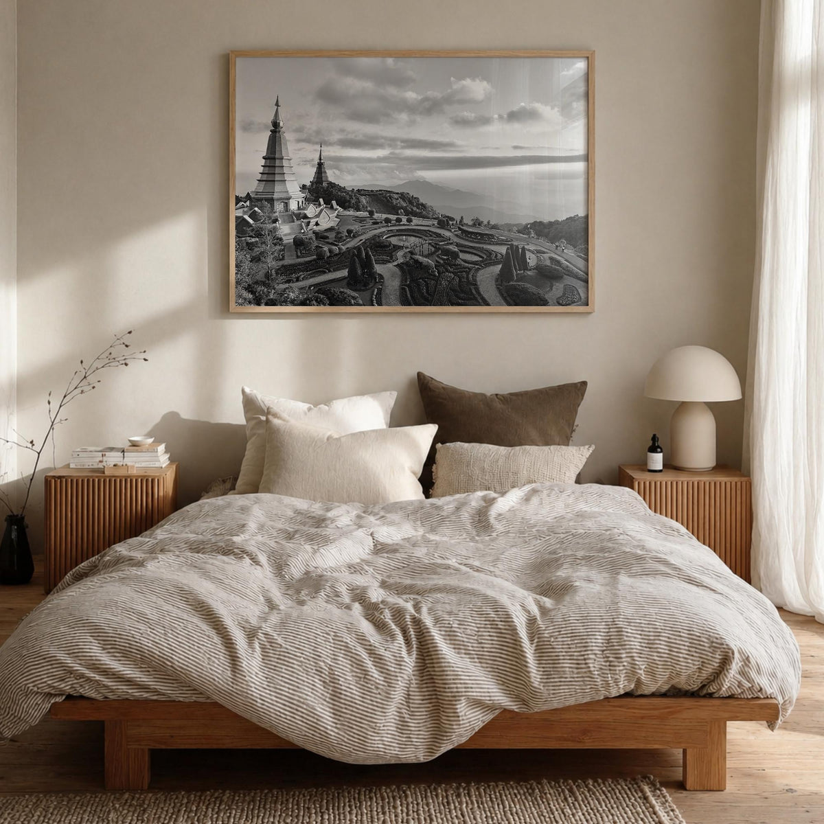 Thailand black & white photo poster of Asia – horizontal wall art in natural wood frame, hanging on wall