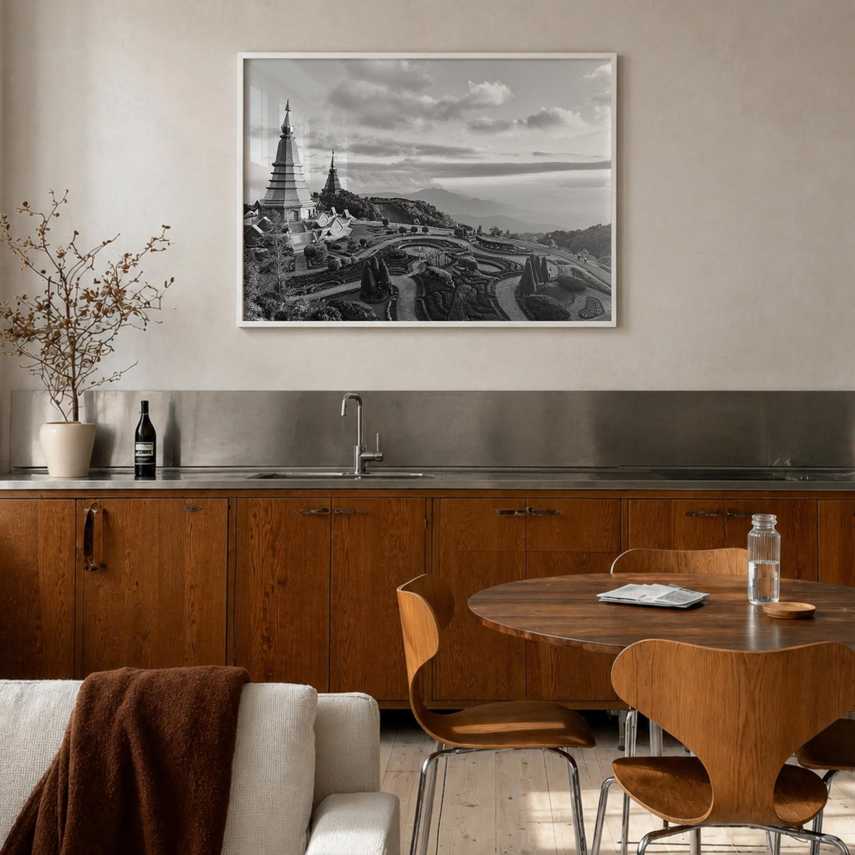 Thailand black & white photo poster of Asia – horizontal wall art in white wood frame, hanging on wall