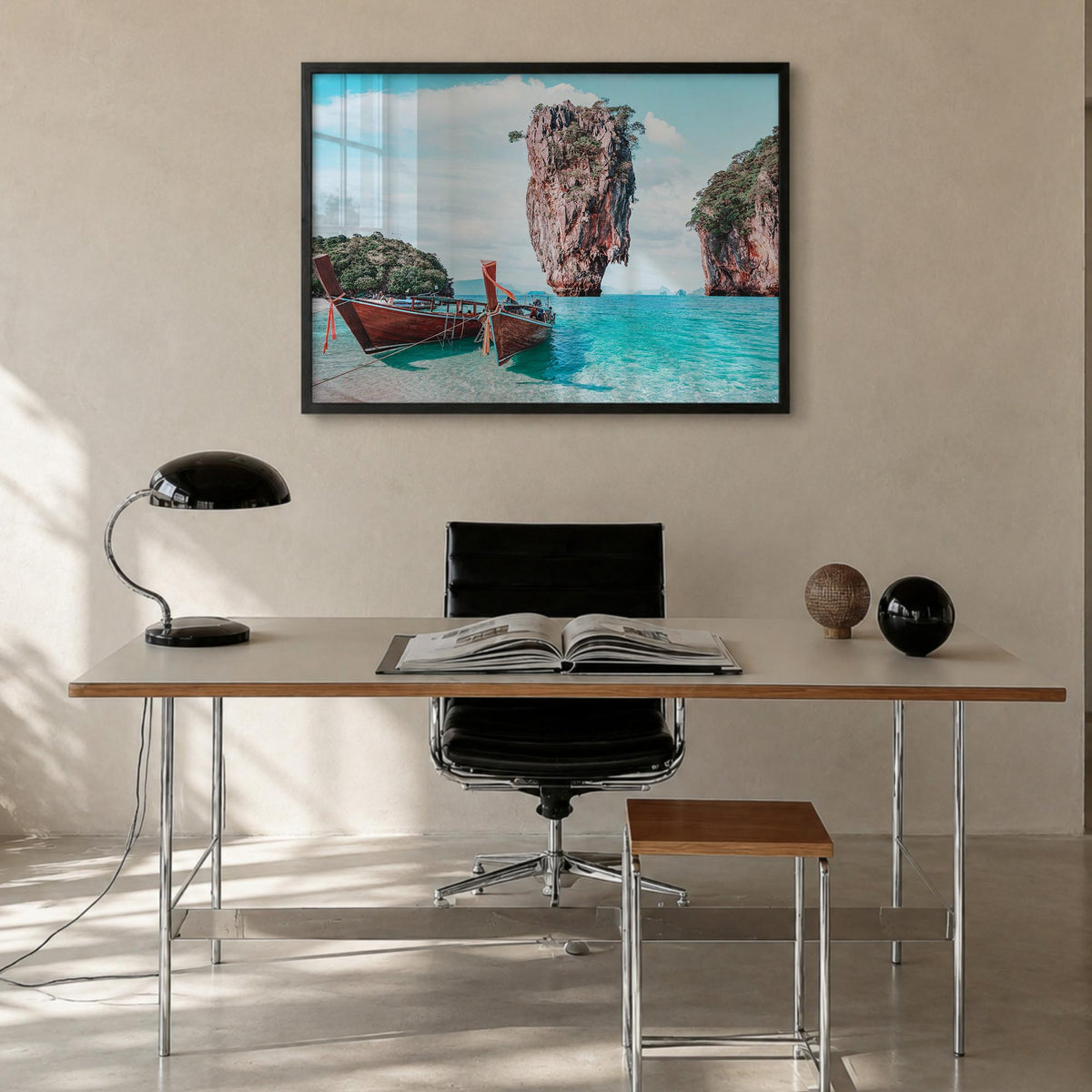 Thailand colorful photo poster of Asia – horizontal wall art in black wood frame, hanging on wall