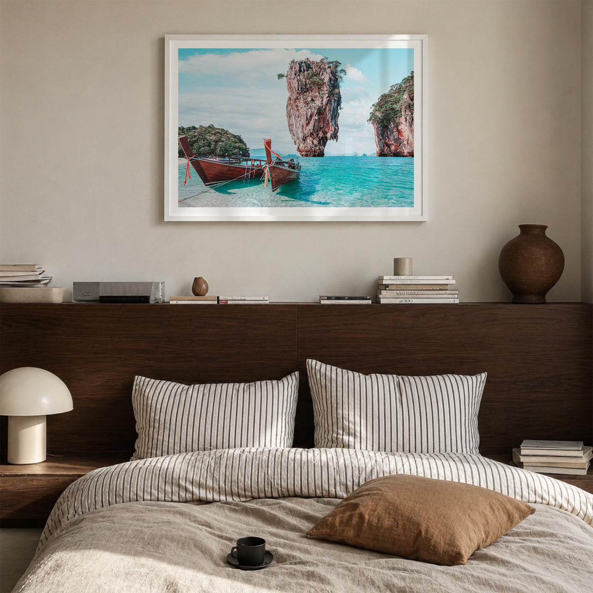 Thailand colorful photo poster of Asia – horizontal wall art in white wood frame with white border, hanging on wall