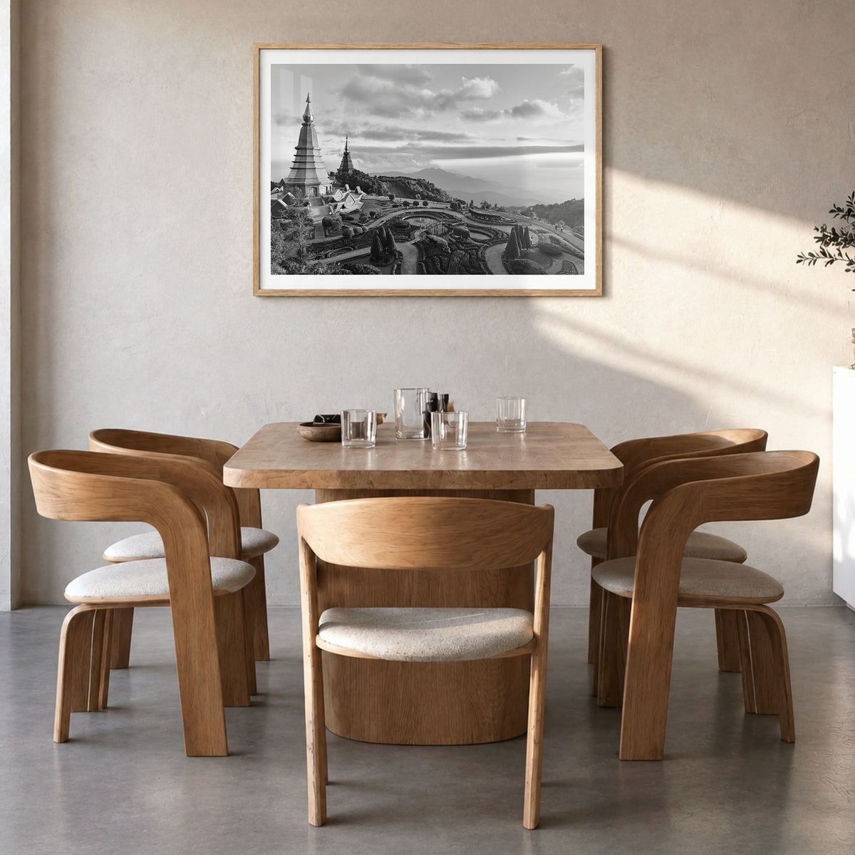 Thailand Photo Poster in a natural wood frame, hanging in a dining room, white border