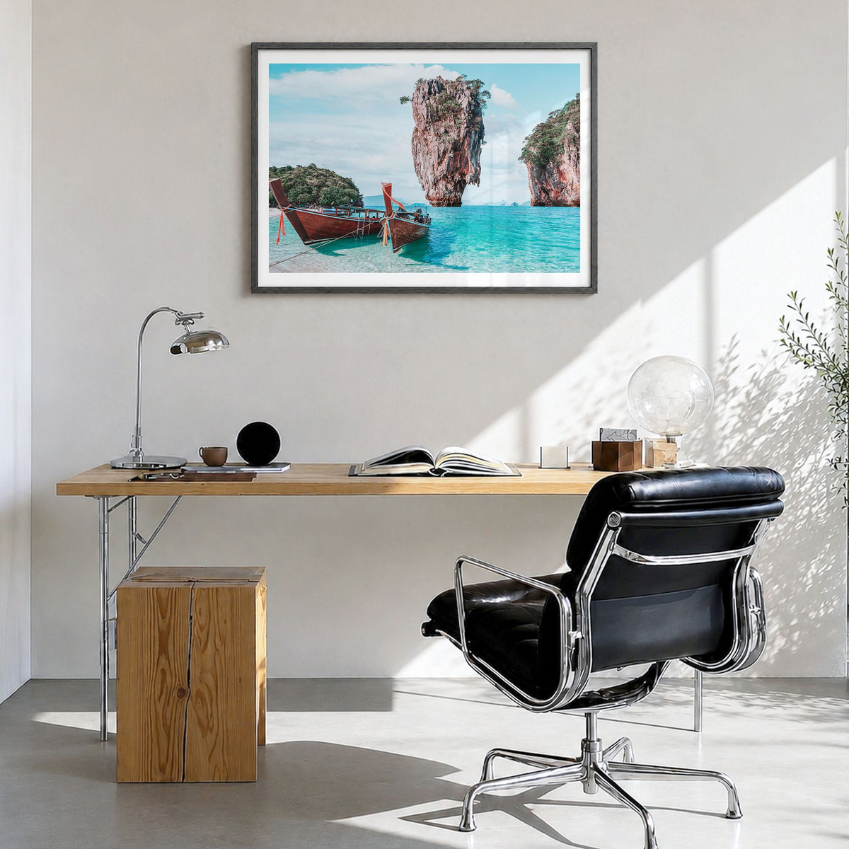 Thailand Photo Poster in a black wood frame, hanging in a bright home office, white border