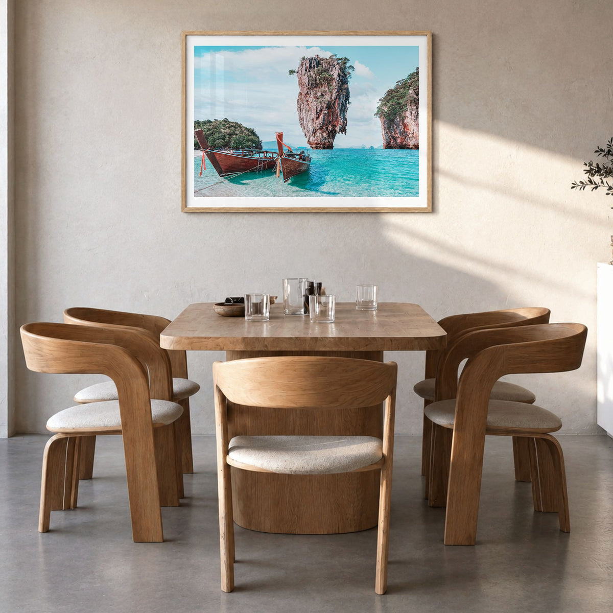 Thailand Photo Poster in a natural wood frame, hanging in a dining room, white border