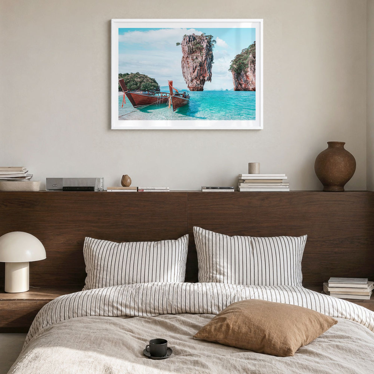 Thailand Photo Poster in a white wood frame, hanging in a bedroom, white border